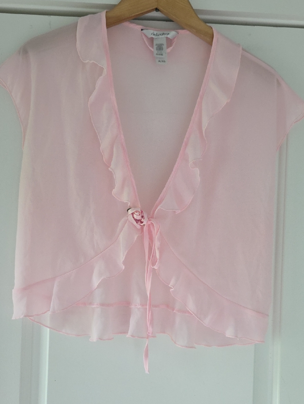 Delicates Light Pink Sheer Ruffle Tie-Front Top